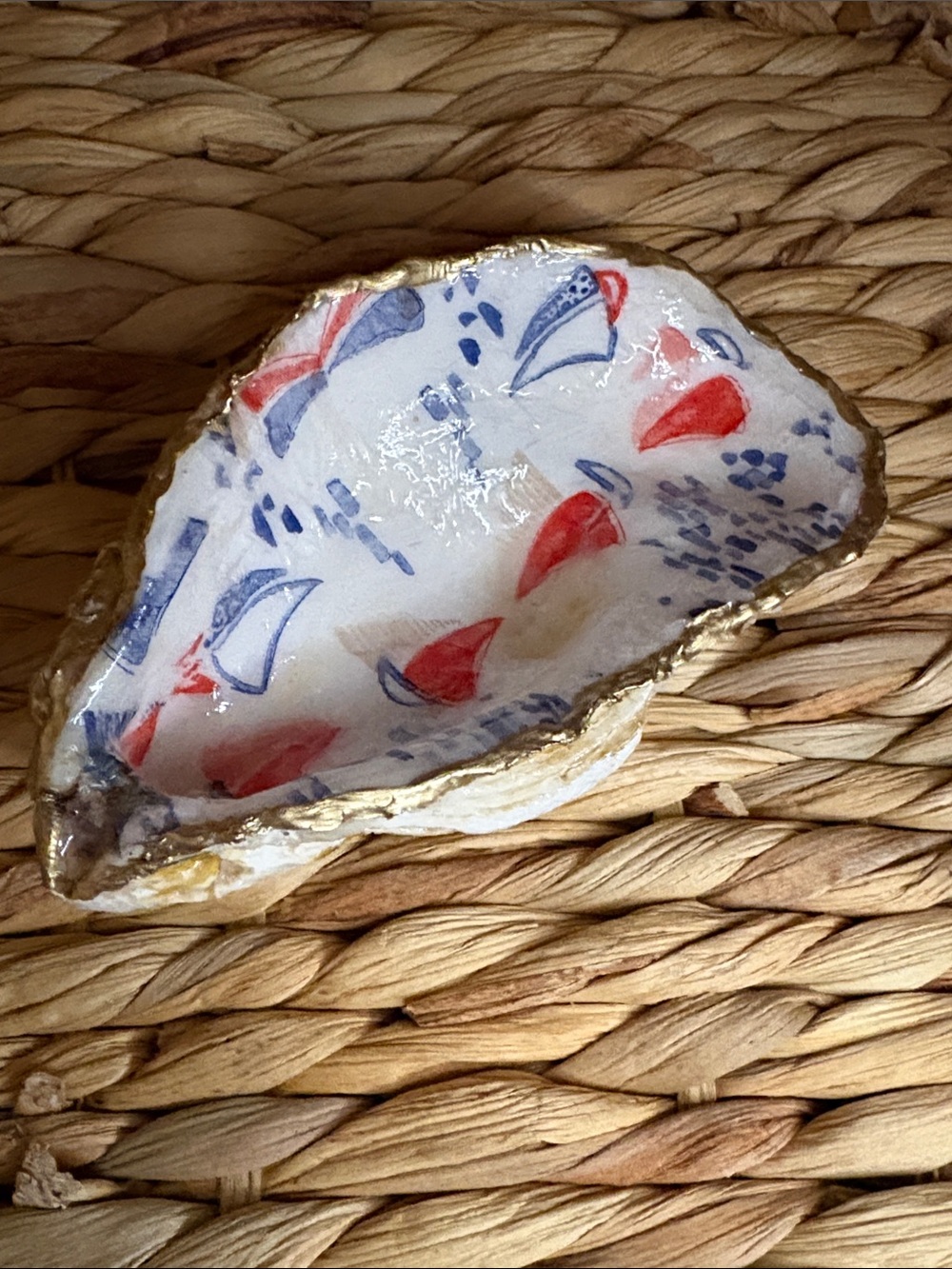 Hand Crafted Red and Blue Sailboat Shell Trinket Dish with Gold Rim